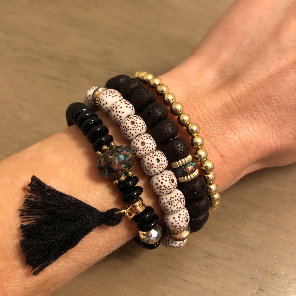 Elegant Black Gold Tone Brown and Teal Beaded Tassel Bracelet Set of 4
